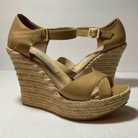 Jimmy Choo Platform Wedge Espadrille Patent Leather Sandals - Picture 1 of 16